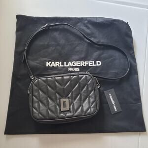 Karl Lagerfeld Crossbody Bag Quilted Black Leather Camera Shoulder Purse